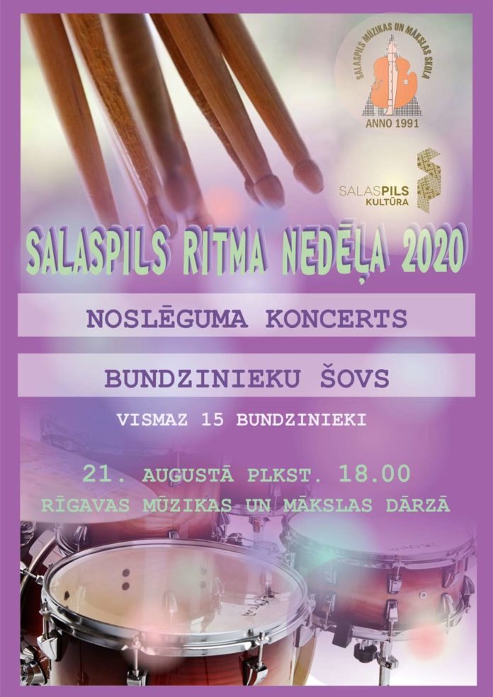 Salaspils ritma nedēļā 2020, noslēguma koncerts, Bundzinieku šovs, vismaz 15 bundzinieki, Rīgavas dārzā.